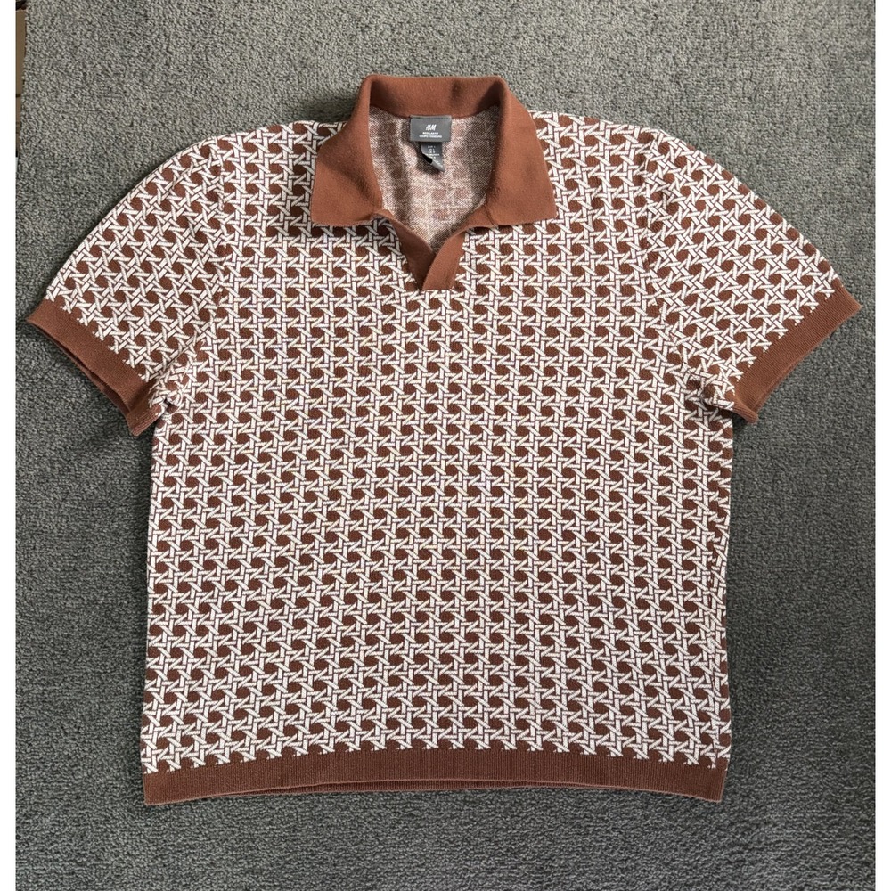 HM Mens Brown White Geometric Knit Polo Shirt Regular Fit Large Retro Jacquard
